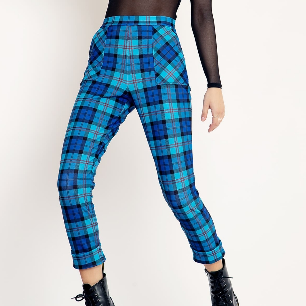 Blackmilk Cyan Tartan Cuffed Pants